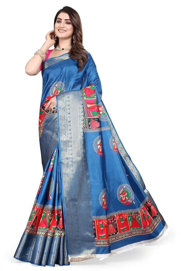 Blue_Silk_Blend_Printed_Dola_Silk_Saree_For_Women