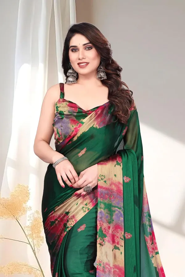Dark_Green_Chiffon_Printed_Chiffon_Saree_For_Women