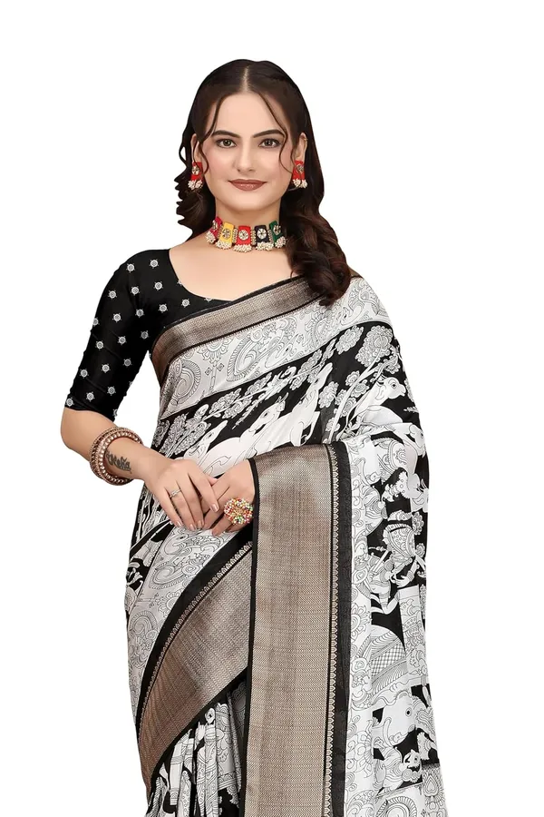 Black_And_White_Silk_Blend_Printed_Dola_Silk_Saree_For_Women
