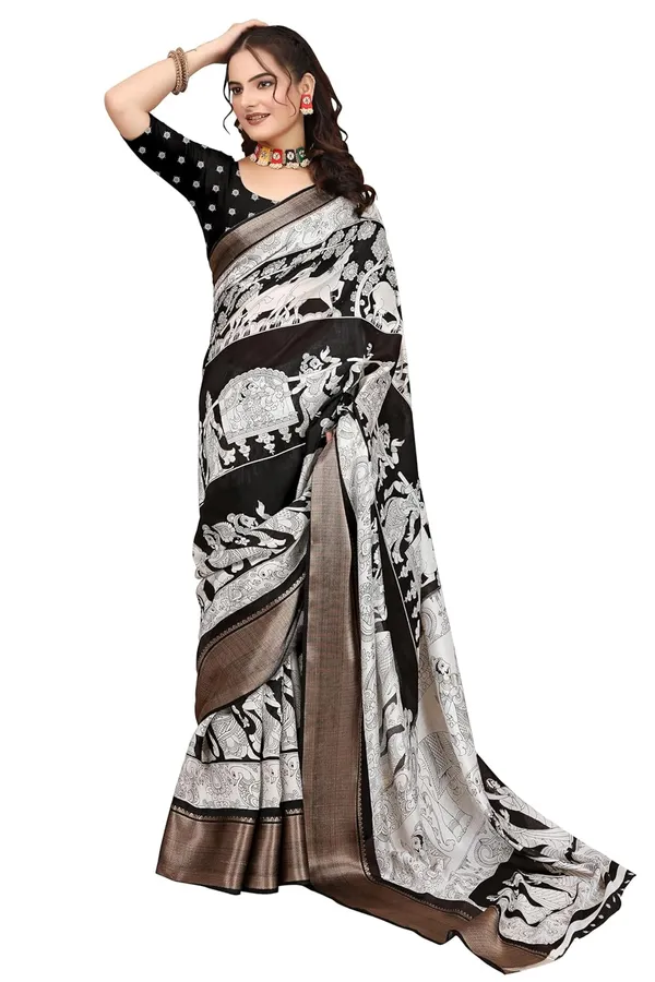 Black_And_White_Silk_Blend_Printed_Dola_Silk_Saree_For_Women