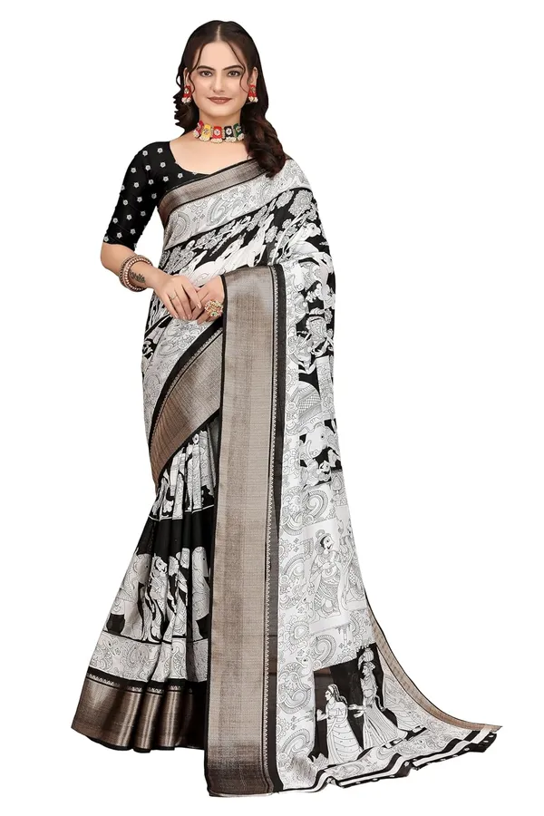 Black_And_White_Silk_Blend_Printed_Dola_Silk_Saree_For_Women