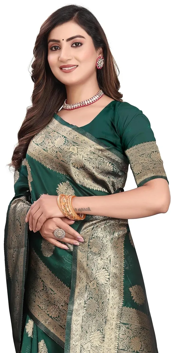 Dark_Green_Silk_Blend_Kanjivaram_Silk_Saree_For_Women