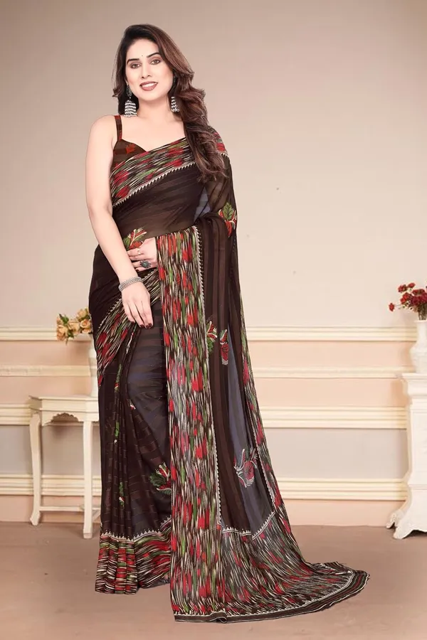 Brown_Polyester_Printed_Chiffon_Saree_For_Women