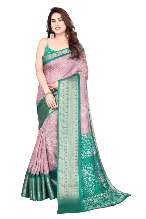 Dusty_Pink_And_Teal_Green_Cotton_Blend_Printed_Dola_Silk_Saree_For_Women