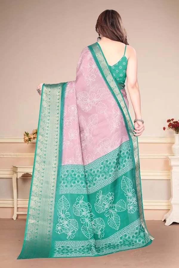 Dusty_Pink_And_Teal_Green_Cotton_Blend_Printed_Dola_Silk_Saree_For_Women