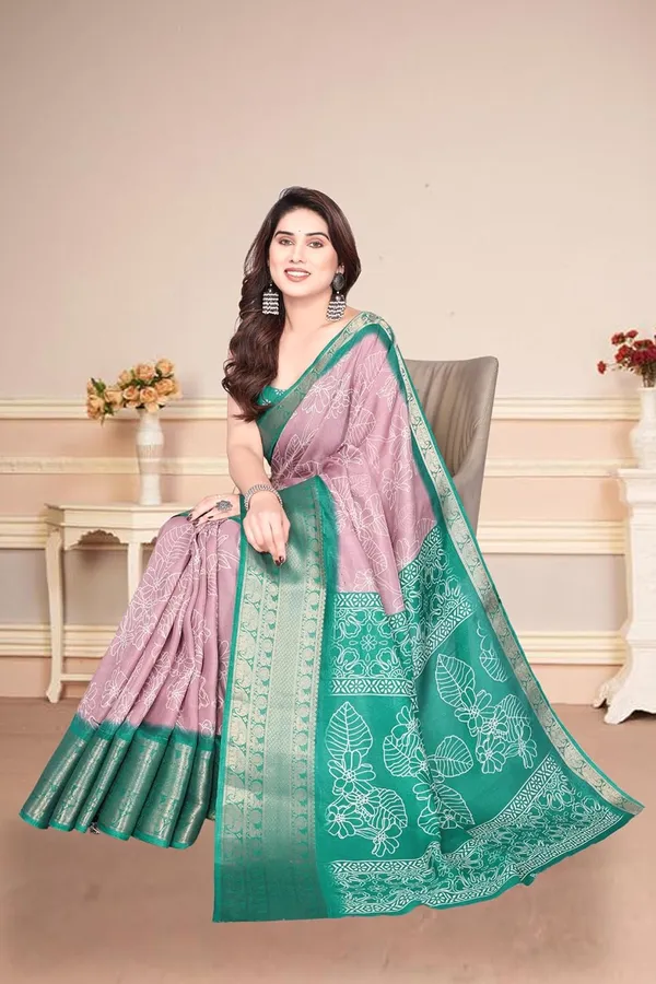 Dusty_Pink_And_Teal_Green_Cotton_Blend_Printed_Dola_Silk_Saree_For_Women