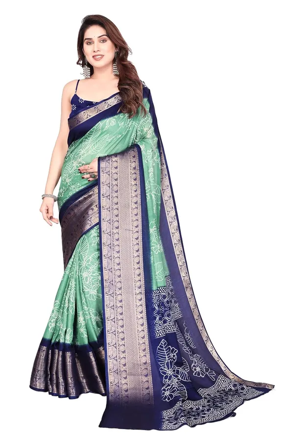 Sea_Green_And_Navy_Blue_Cotton_Blend_Printed_Dola_Silk_Saree_For_Women