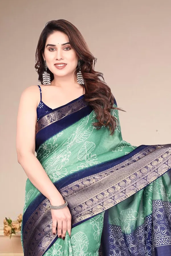 Sea_Green_And_Navy_Blue_Cotton_Blend_Printed_Dola_Silk_Saree_For_Women