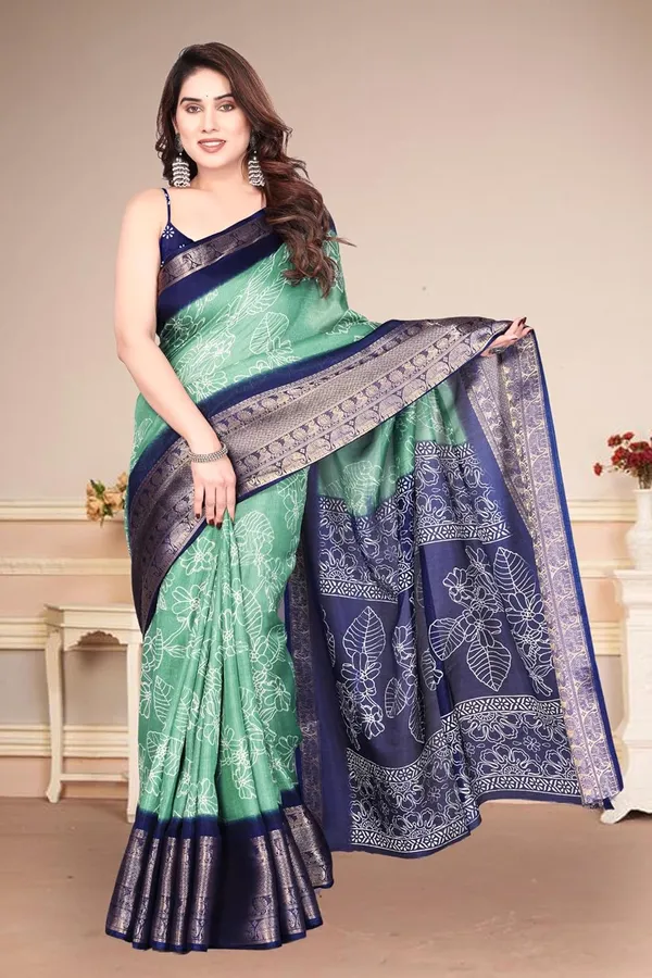 Sea_Green_And_Navy_Blue_Cotton_Blend_Printed_Dola_Silk_Saree_For_Women