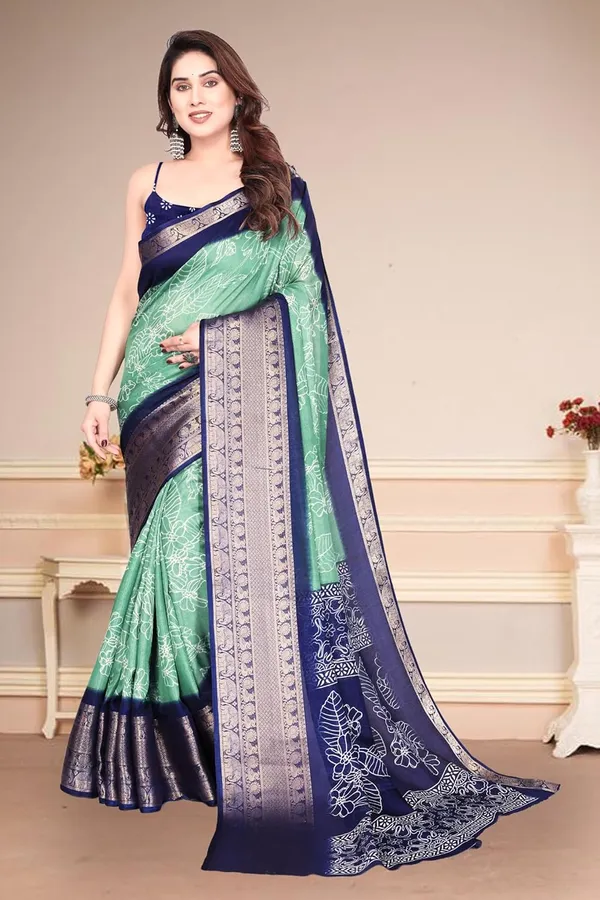 Sea_Green_And_Navy_Blue_Cotton_Blend_Printed_Dola_Silk_Saree_For_Women