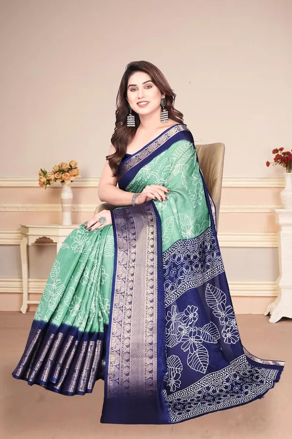 Sea_Green_And_Navy_Blue_Cotton_Blend_Printed_Dola_Silk_Saree_For_Women