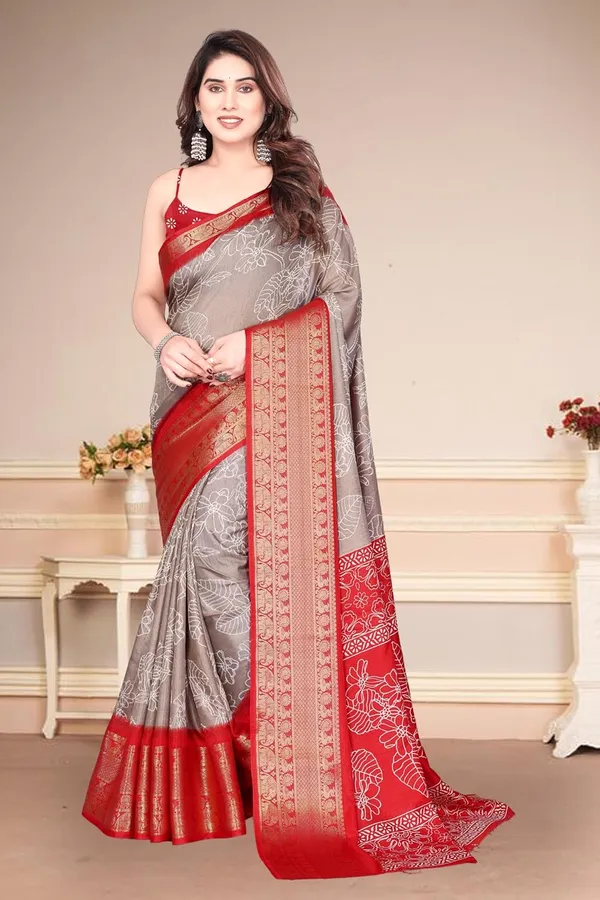 Beige_And_Red_Cotton_Blend_Printed_Dola_Silk_Saree_For_Women