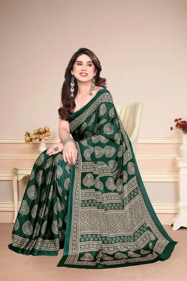 Bottle_Green_Polyester_Printed_Chiffon_Saree_For_Women