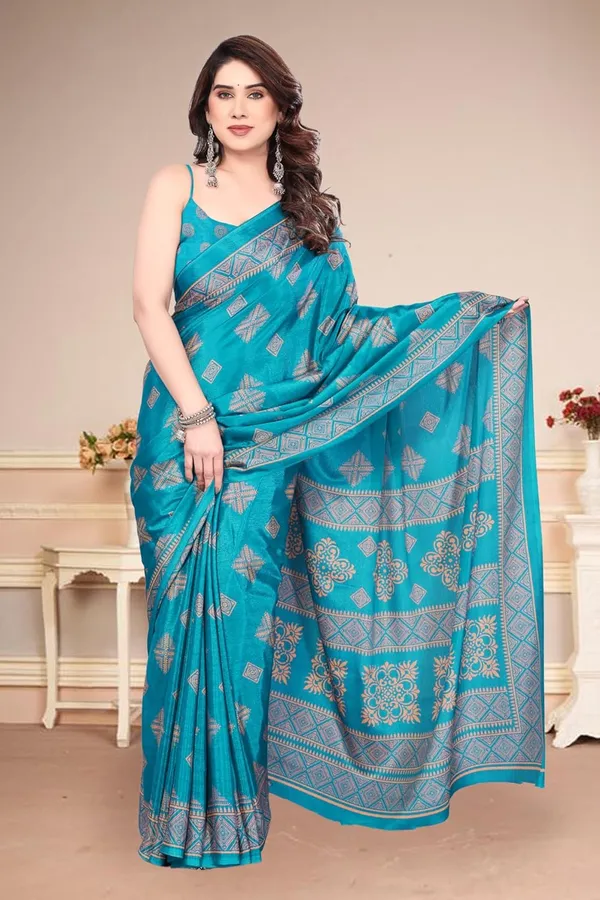 Turquoise_Blue_Polyester_Printed_Chiffon_Saree_For_Women