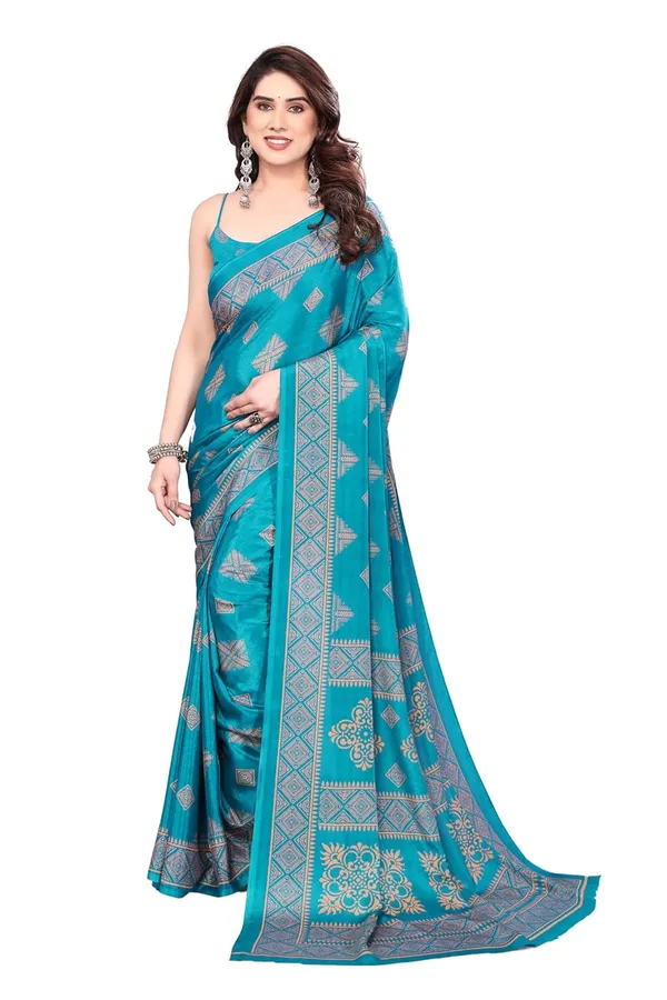 Turquoise_Blue_Polyester_Printed_Chiffon_Saree_For_Women