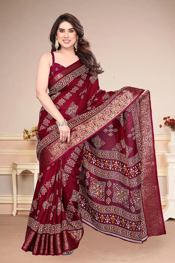 Maroon_Cotton_Blend_Printed_Dola_Silk_Saree_For_Women