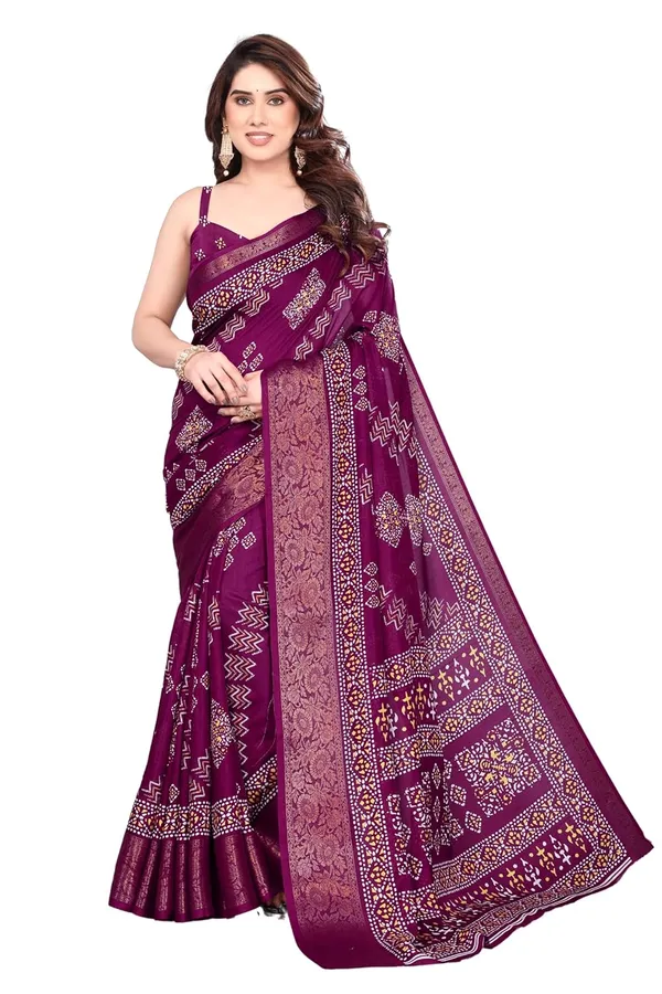 Wine_Cotton_Blend_Printed_Dola_Silk_Saree_For_Women