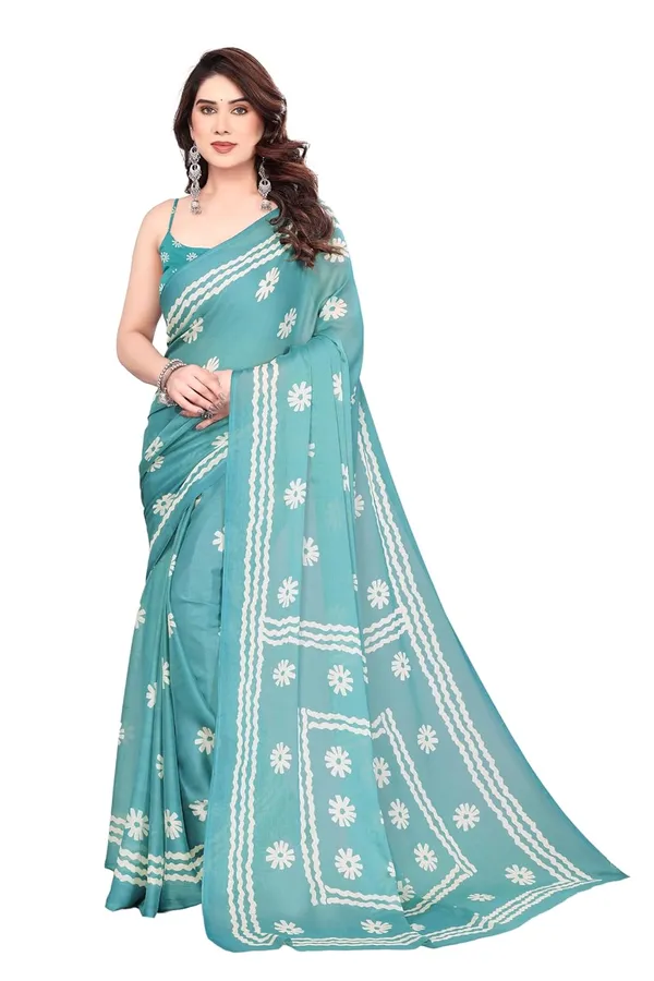 Turquoise_Blue_Polyester_Plain_Chiffon_Saree_For_Women
