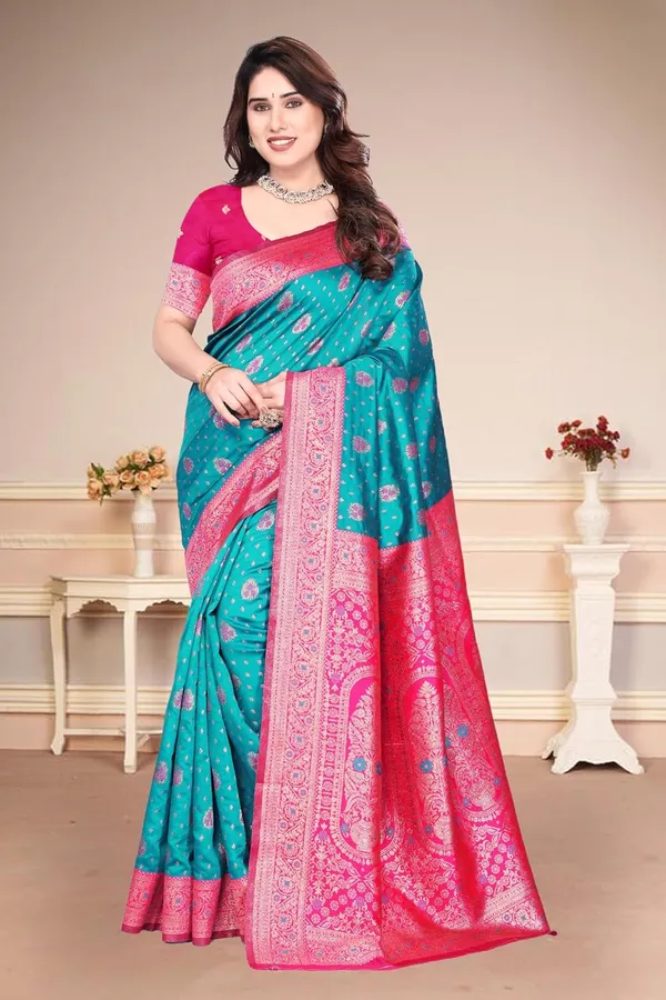 Turquoise_Silk_Banarasi_Silk_Saree_For_Women