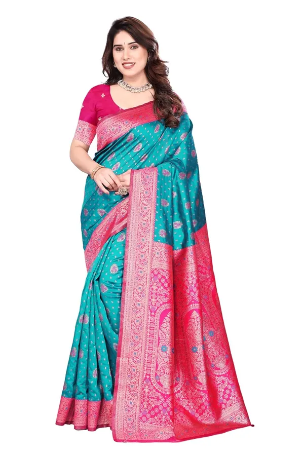Turquoise_Silk_Banarasi_Silk_Saree_For_Women