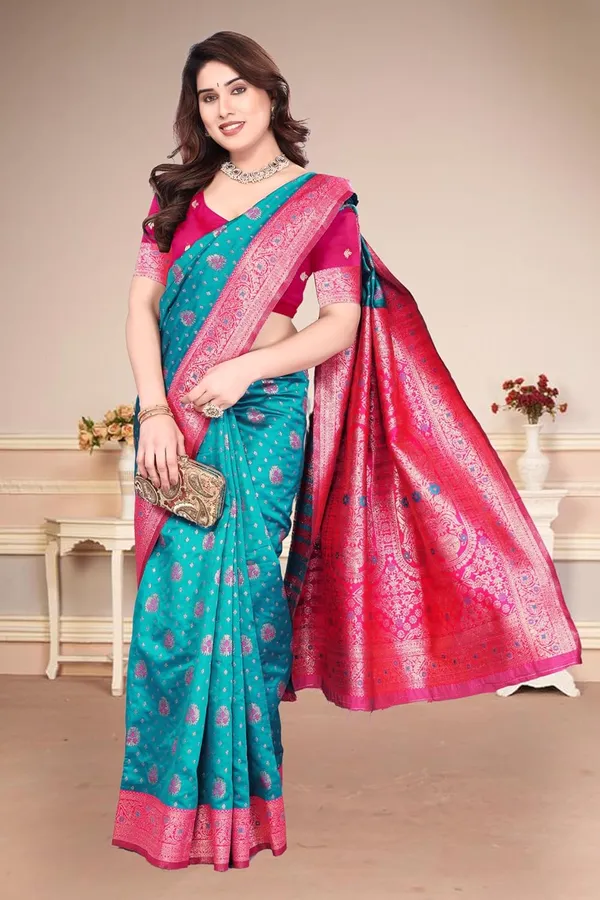 Turquoise_Silk_Banarasi_Silk_Saree_For_Women