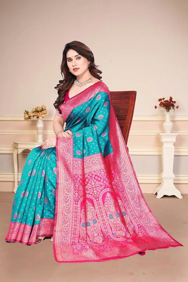 Turquoise_Silk_Banarasi_Silk_Saree_For_Women