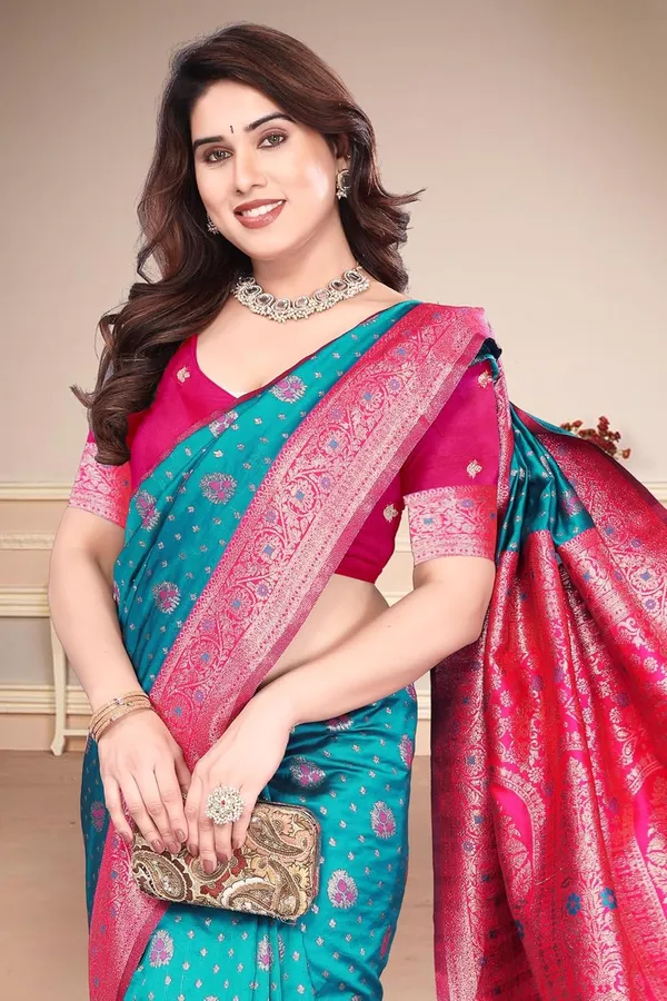 Turquoise_Silk_Banarasi_Silk_Saree_For_Women