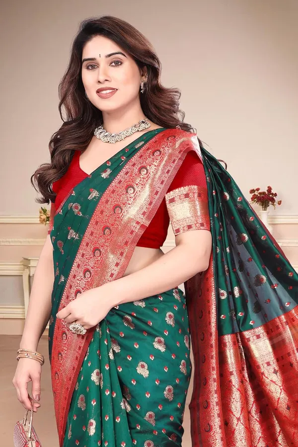 Dark_Green_Silk_Zari_Chiffon_Saree_For_Women