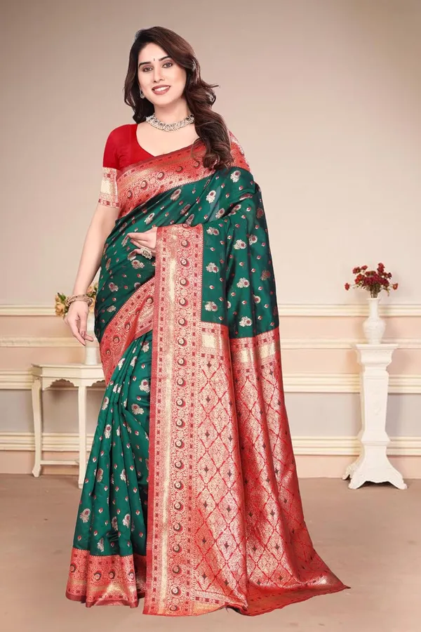 Dark_Green_Silk_Zari_Chiffon_Saree_For_Women