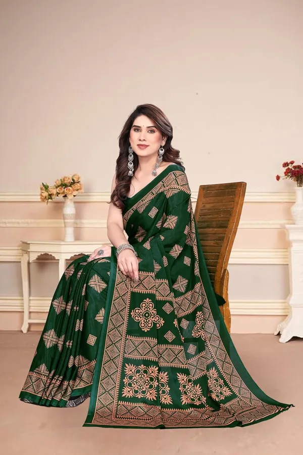 Bottle_Green_Polyester_Printed_Chiffon_Saree_For_Women