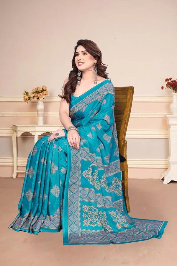 Turquoise_Blue_Polyester_Printed_Chiffon_Saree_For_Women