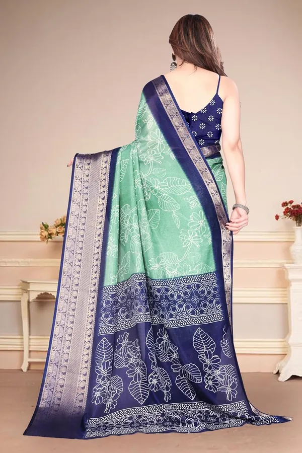 Sea_Green_And_Navy_Blue_Art_Silk_Printed_Chiffon_Saree_For_Women