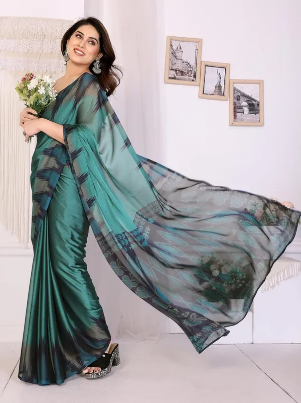 Teal_Polyester_Polka_Dot_Chiffon_Saree_For_Women