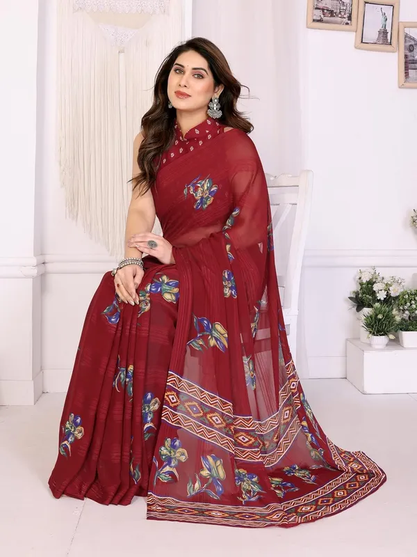 Maroon_Polyester_Printed_Batik_Chiffon_Saree_For_Women