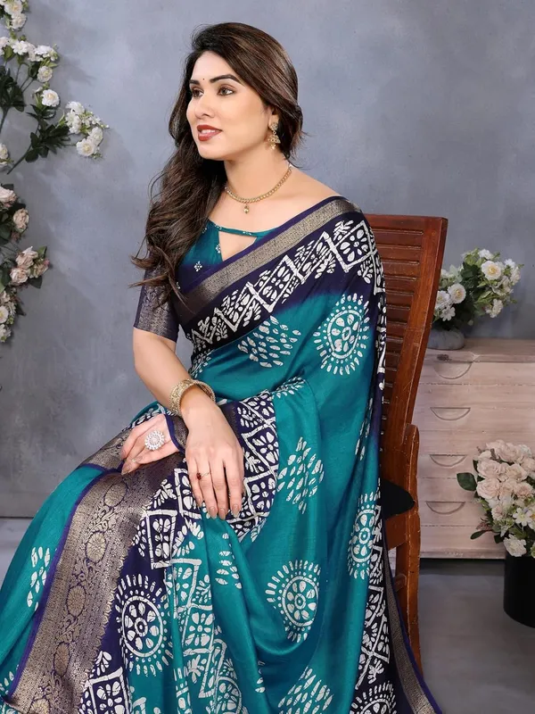Teal_Blue_Cotton_Blend_Printed_Dola_Silk_Saree_For_Women