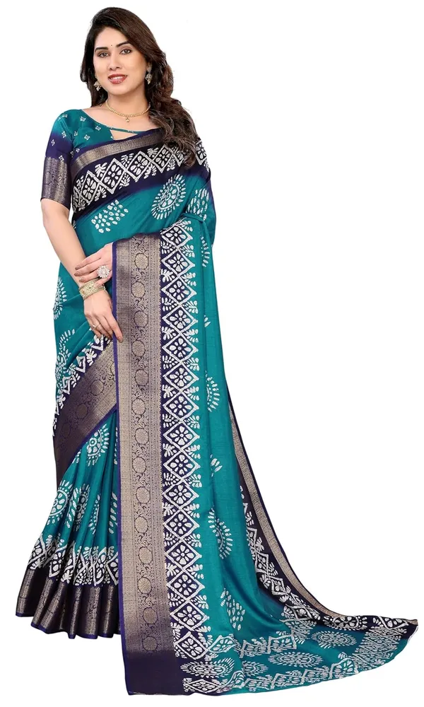 Teal_Blue_Cotton_Blend_Printed_Dola_Silk_Saree_For_Women