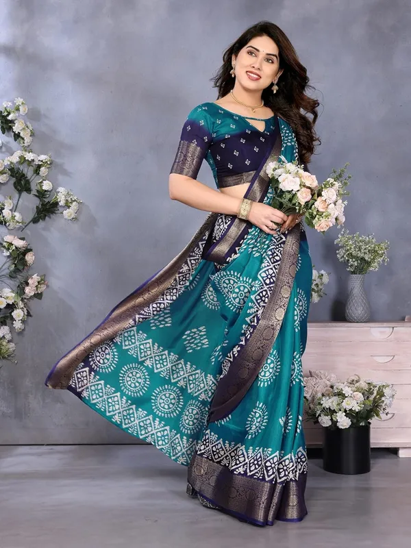 Teal_Blue_Cotton_Blend_Printed_Dola_Silk_Saree_For_Women