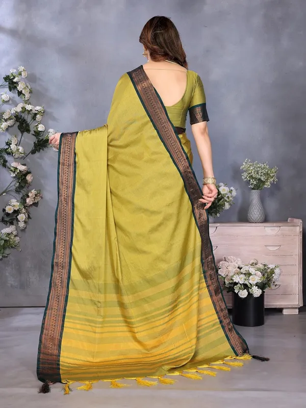 Olive_Green_Cotton_Blend_Printed_Dola_Silk_Saree_For_Women