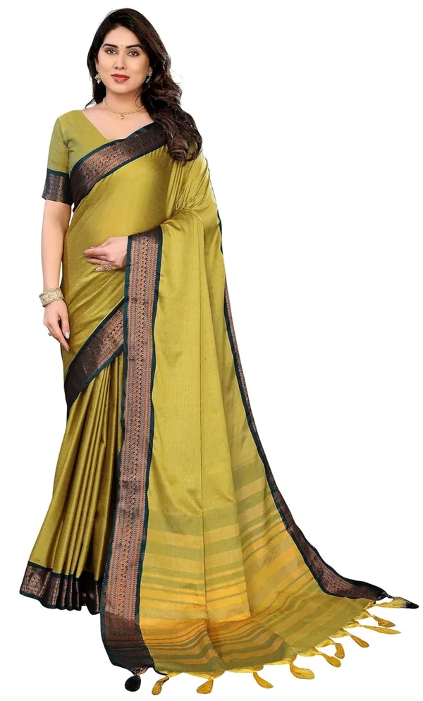 Olive_Green_Cotton_Blend_Printed_Dola_Silk_Saree_For_Women