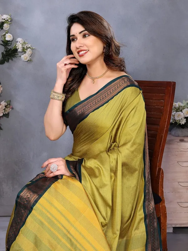 Olive_Green_Cotton_Blend_Printed_Dola_Silk_Saree_For_Women