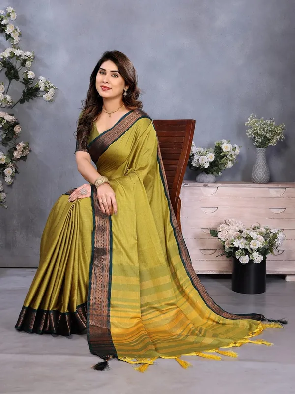 Olive_Green_Cotton_Blend_Printed_Dola_Silk_Saree_For_Women