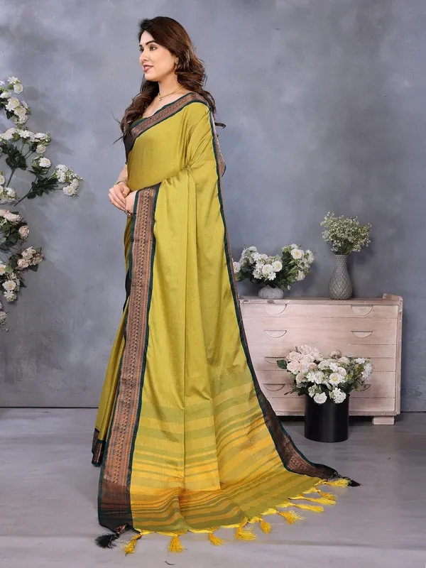 Olive_Green_Cotton_Blend_Printed_Dola_Silk_Saree_For_Women