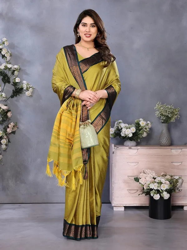 Olive_Green_Cotton_Blend_Printed_Dola_Silk_Saree_For_Women