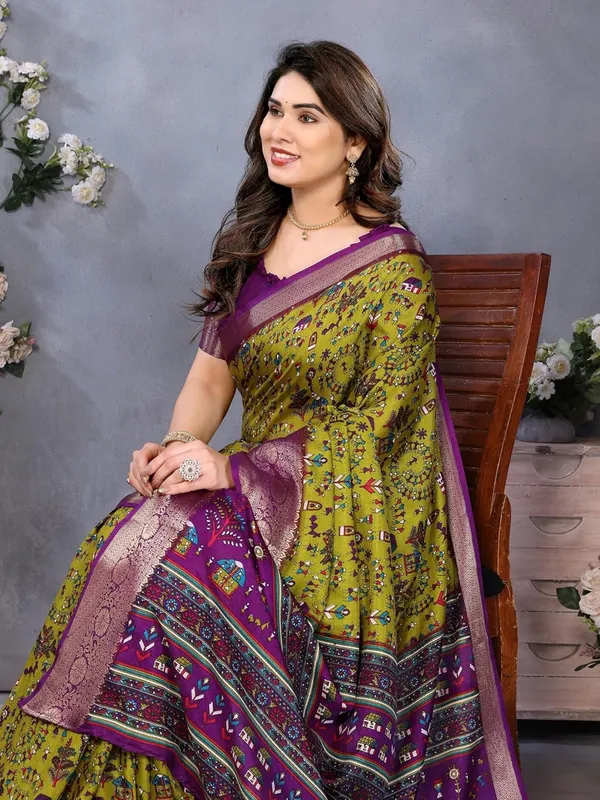 Mehendi_Green_Cotton_Blend_Printed_Dola_Silk_Saree_For_Women