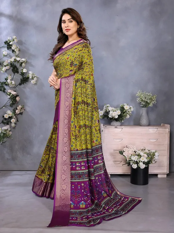 Mehendi_Green_Cotton_Blend_Printed_Dola_Silk_Saree_For_Women