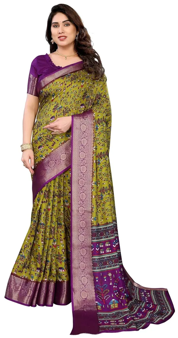 Mehendi_Green_Cotton_Blend_Printed_Dola_Silk_Saree_For_Women