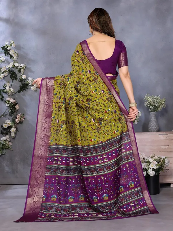 Mehendi_Green_Cotton_Blend_Printed_Dola_Silk_Saree_For_Women