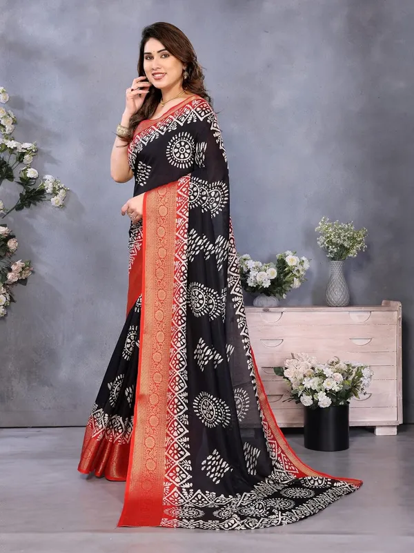 Black_Cotton_Blend_Printed_Dola_Silk_Saree_For_Women