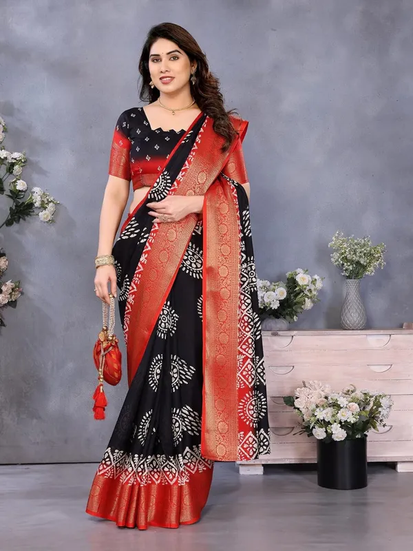 Black_Cotton_Blend_Printed_Dola_Silk_Saree_For_Women
