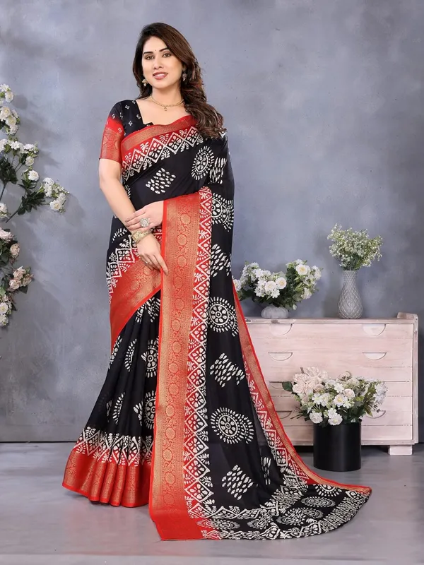 Black_Cotton_Blend_Printed_Dola_Silk_Saree_For_Women